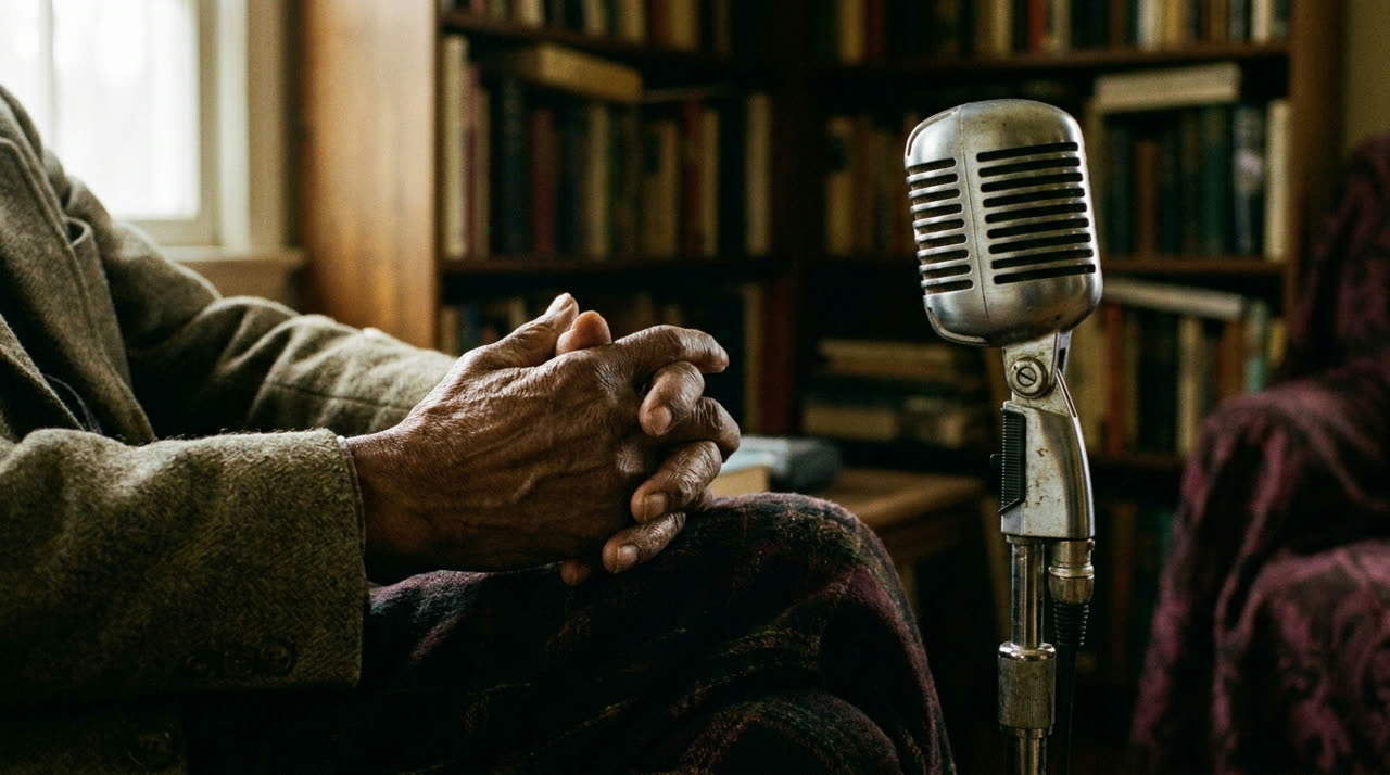 Hands clasped beside a recording microphone in window light